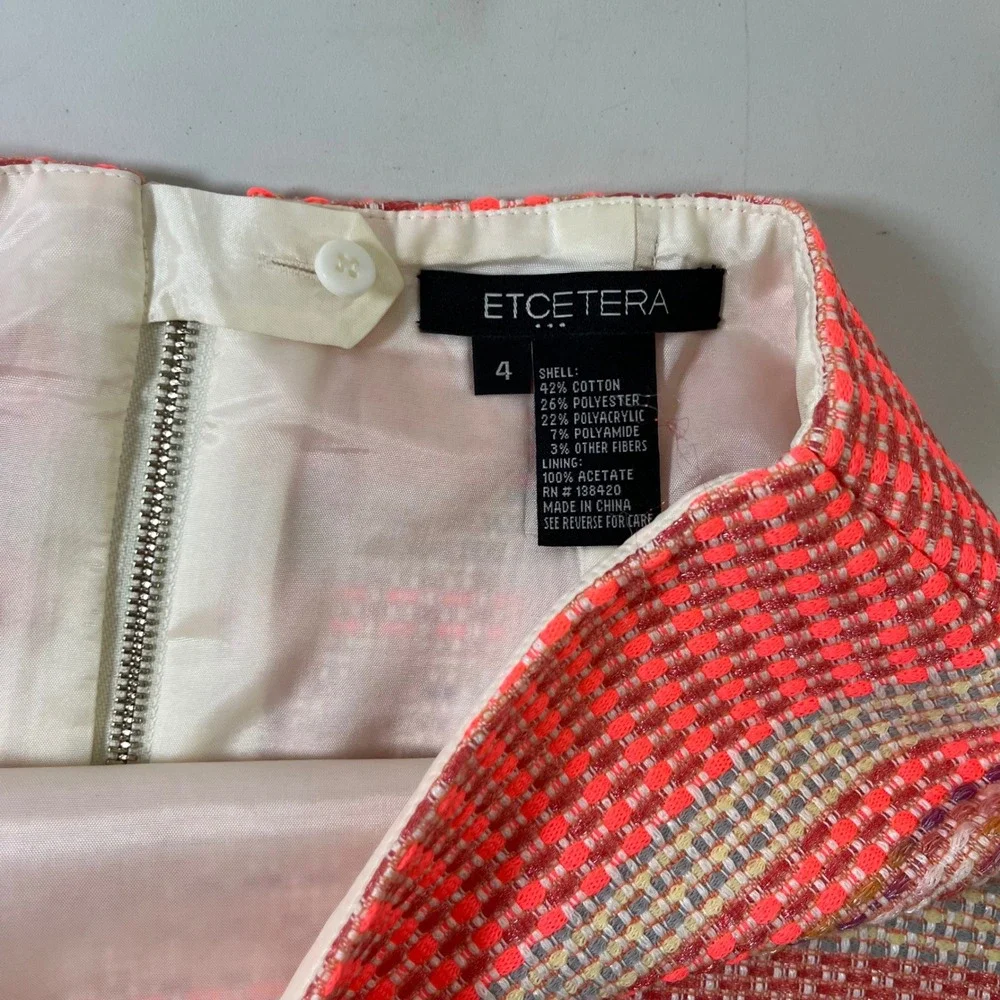 Etcetera‎ Tweed Pencil Skirt Sz 4 Pink Orange Striped Zip Back Textured Media